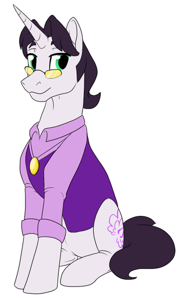 Size: 502x821 | Tagged: safe, artist:mythpony, derpibooru import, oc, pony, unicorn, clothes, glasses, male, shirt, simple background, sitting, solo, stallion, sweater vest, white background