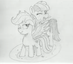 Size: 5344x4710 | Tagged: safe, artist:periodicbrony, derpibooru import, rainbow dash, scootaloo, pony, absurd resolution, monochrome, newbie artist training grounds, preening, scootaloo can fly, scootalove, traditional art