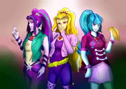 Size: 3507x2480 | Tagged: safe, artist:mantarwolf, derpibooru import, adagio dazzle, aria blaze, sonata dusk, equestria girls, rainbow rocks, clothes, food, gem, group, pants, pigtails, ponytail, siren gem, skirt, speedpaint available, taco, the dazzlings, trio, twintails