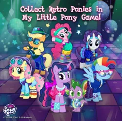 Size: 1198x1190 | Tagged: 80s, applejack, bipedal, derpibooru import, fluttershy, gameloft, glam rock dash, hoofgazer fluttershy, mane seven, mane six, official, pinkie pie, pop princess twilight, rainbow dash, rarity, retro, retro spike, safe, spike, twilight sparkle