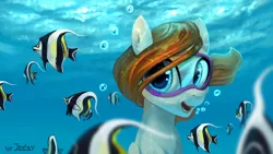 Size: 1920x1080 | Tagged: safe, artist:jedayskayvoker, derpibooru import, oc, oc:sky chase, unofficial characters only, fish, pegasus, pony, commission, female, goggles, mare, open mouth, smiling, solo, swimming goggles, underwater, ych result