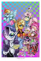 Size: 2600x3800 | Tagged: safe, artist:andypriceart, derpibooru import, angel bunny, applejack, fluttershy, pinkie pie, rainbow dash, rarity, spike, twilight sparkle, twilight sparkle (alicorn), alicorn, dragon, earth pony, pegasus, pony, unicorn, spoiler:comic, spoiler:comic64, 80's fashion, 80s, abstract background, air guitar, alternate hairstyle, applejack's hat, bangles, belt, belt buckle, big hair, binder, book, boots, bracelet, clothes, cowboy boots, cowboy hat, cyndi lauper, denim jacket, dress, ear piercing, earring, eyes closed, eyeshadow, female, fishnets, flower, glasses, hair spray, hairspray, hat, headband, jeans, jewelry, leg warmers, leotard, looking at you, makeup, male, mane six, mare, mohawk, necklace, olivia newton-john, pants, piercing, prince (musician), robe, ruffled shirt, safety pin, sequins, shampoo, shoes, shoulder pads, sunflower, sweatband, sweater, sweatpants, trapper keeper, turtleneck, weights, wristband
