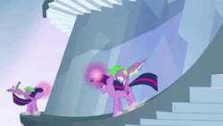 Size: 480x270 | Tagged: safe, derpibooru import, edit, edited screencap, screencap, spike, twilight sparkle, dragon, pony, unicorn, the crystal empire, animated, butt touch, female, glowing horn, hand on butt, king sombra's stair dimension, loop, mare, multeity, now you're thinking with portals, perfect loop, self ponidox, stairs, unicorn twilight, upside down, wheeeee