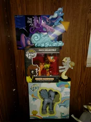 Size: 3036x4048 | Tagged: safe, derpibooru import, cheese sandwich, derpy hooves, starlight glimmer, trixie, autograph, figurine, funko, irl, photo, rocket, toy