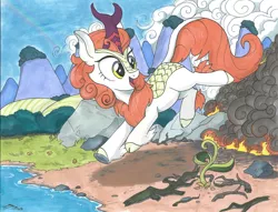 Size: 3296x2520 | Tagged: artist:brisineo, autumn blaze, cloud, cloven hooves, derpibooru import, fire, kirin, marker drawing, mountain, prancing, rainbow, safe, smiling, smoke, solo, sounds of silence, that was fast, traditional art