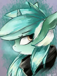 Size: 1500x2000 | Tagged: safe, artist:rosefluffdraws, derpibooru import, lyra heartstrings, pony, unicorn, fanfic:background pony, bust, clothes, female, hoodie, looking back, mare, portrait, solo, sweater