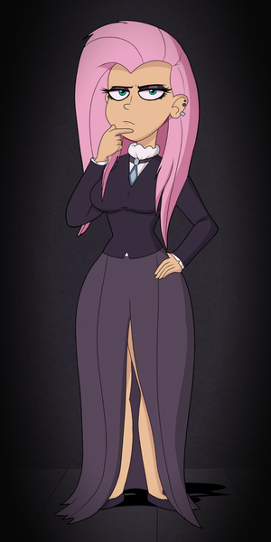 Size: 750x1500 | Tagged: artist:scobionicle99, clothes, derpibooru import, ear piercing, eyeshadow, fake it 'til you make it, female, fluttergoth, fluttershy, gradient background, human, humanized, legs, long skirt, makeup, piercing, safe, shoes, skirt, solo, thinking, unamused