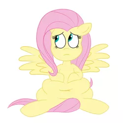 Size: 900x900 | Tagged: safe, artist:scobionicle99, derpibooru import, fluttershy, pegasus, pony, belly, belly button, big belly, blushing, chubby, chubbyshy, embarrassed, explicit source, fat, fattershy, female, floppy ears, hoof on belly, simple background, sitting, solo, spread wings, squishy, white background, wings