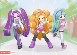 Size: 1407x1000 | Tagged: safe, artist:howxu, derpibooru import, adagio dazzle, aria blaze, sonata dusk, equestria girls, backpack, bag, boots, clothes, cute, cute little fangs, fangs, female, grass, hairband, howxu is trying to murder us, jeans, looking at you, miniskirt, moe, open mouth, pants, patreon, patreon logo, pigtails, pleated skirt, pointing, ponytail, shoes, shorts, skirt, sky, socks, sonatabetes, stars, sweater, sweatshirt, the dazzlings, thigh highs, tree, trio, twintails