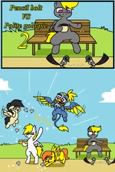 Size: 848x1264 | Tagged: safe, artist:pencil bolt, derpibooru import, oc, oc:airstone, oc:chengila, oc:orange terra, oc:pencil bolt, oc:polite gold pie, bird, gryphon, pegasus, pony, bench, diamond