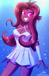 Size: 820x1260 | Tagged: suggestive, artist:the-butch-x, derpibooru import, oc, oc:mezma, equestria girls, big breasts, breasts, cleavage, clothes, dress, equestria girls-ified, female, glowing eyes, grin, signature, skirt, smiling, solo, solo female, thighs