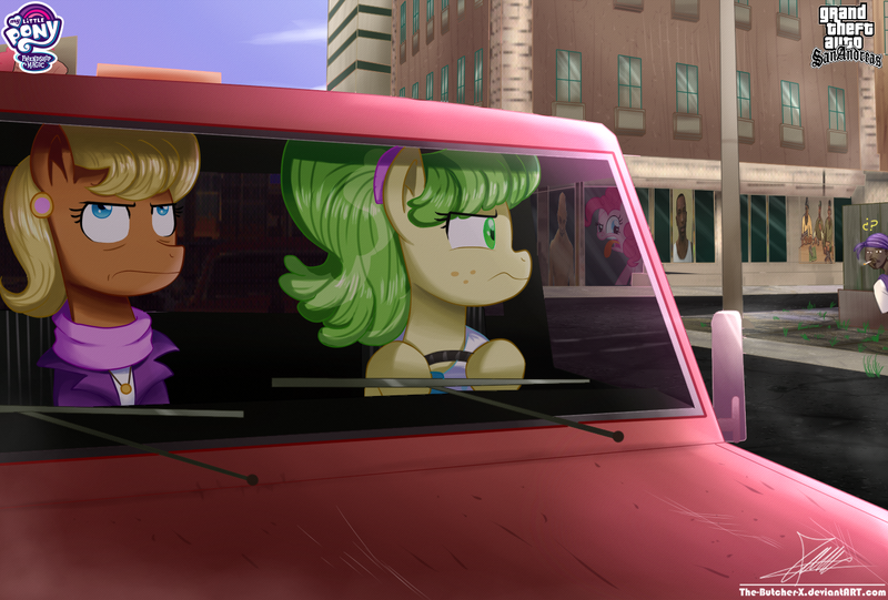 Size: 1360x920 | Tagged: safe, artist:the-butch-x, derpibooru import, chickadee, ms. harshwhinny, ms. peachbottom, pinkie pie, earth pony, pony, car, clothes, crossover, freckles, grand theft auto, gta san andreas, my little pony logo, signature, video game