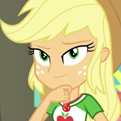 Size: 1077x1077 | Tagged: safe, derpibooru import, screencap, applejack, equestria girls, equestria girls series, rollercoaster of friendship, cropped, geode of super strength, hand on chin, solo