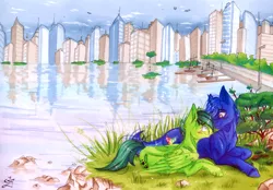 Size: 2450x1704 | Tagged: safe, artist:scootiegp, derpibooru import, oc, pegasus, pony, unicorn, blue fur, blushing, city, cityscape, couple, grass, green fur, lying, traditional art, water