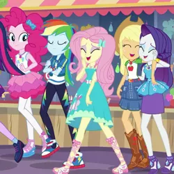 Size: 801x802 | Tagged: safe, derpibooru import, screencap, applejack, fluttershy, pinkie pie, rainbow dash, rarity, equestria girls, equestria girls series, rollercoaster of friendship, boots, clothes, converse, cropped, eyes closed, feet, geode of fauna, geode of shielding, geode of super speed, geode of super strength, laughing, magical geodes, sandals, shipping fuel, shoes, smiling, sneakers