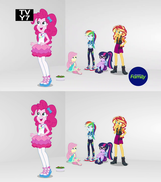 Size: 955x1078 | Tagged: safe, derpibooru import, screencap, fluttershy, pinkie pie, rainbow dash, sci-twi, sunset shimmer, twilight sparkle, equestria girls, equestria girls series, rollercoaster of friendship, animated, breaking the fourth wall, comparison, converse, discovery family logo, food, fourth wall, geode of sugar bombs, reversed, salad, shoes, smiling, tv rating, tv-y7