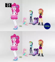 Size: 955x1078 | Tagged: safe, derpibooru import, screencap, fluttershy, pinkie pie, rainbow dash, sci-twi, sunset shimmer, twilight sparkle, equestria girls, equestria girls series, rollercoaster of friendship, animated, breaking the fourth wall, comparison, converse, discovery family logo, food, fourth wall, geode of sugar bombs, reversed, salad, shoes, smiling, tv rating, tv-y7