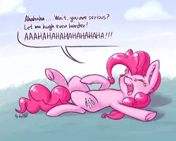 Size: 1920x1536 | Tagged: safe, artist:dsp2003, derpibooru import, pinkie pie, earth pony, pony, 30 minute art challenge, bender bending rodriguez, blushing, cloud, comic, crying, ear fluff, eyes closed, female, futurama, laughing, mare, oh wait you're serious, on back, scene interpretation, single panel, solo, tears of laughter, underhoof