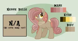 Size: 1650x876 | Tagged: safe, artist:ipandacakes, derpibooru import, oc, oc:nessie belle, pony, unicorn, female, filly, offspring, parent:button mash, parent:sweetie belle, parents:sweetiemash, reference sheet, solo