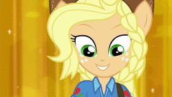 Size: 1920x1080 | Tagged: safe, derpibooru import, screencap, applejack, fluttershy, pinkie pie, rainbow dash, rarity, sunset shimmer, equestria girls, equestria girls series, rollercoaster of friendship, animated, female, looking at you, photo booth (song), ponied up, shipping fuel, singing, sliding background, song, sound, super ponied up, webm