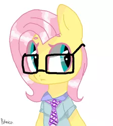 Size: 459x512 | Tagged: safe, artist:kilka-chan-yana, derpibooru import, fluttershy, pegasus, pony, semi-anthro, beanbrows, clothes, eyebrows, glasses, necktie, shirt, simple background, solo, white background