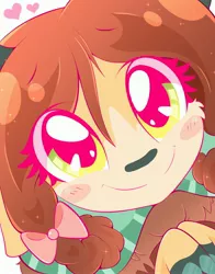 Size: 3218x4096 | Tagged: safe, artist:hungrysohma, derpibooru import, yona, yak, absurd resolution, blushing, blush sticker, bow, cheek fluff, close-up, cute, female, hair bow, heart, looking at you, monkey swings, smiling, solo, yonadorable