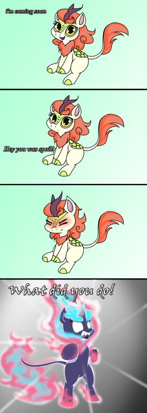 Size: 912x2560 | Tagged: artist:pencil bolt, autumn blaze, awwtumn blaze, burning, cloven hooves, cute, derpibooru import, engrish, fire, kirin, leonine tail, nirik, safe, scales, sounds of silence, spoiler