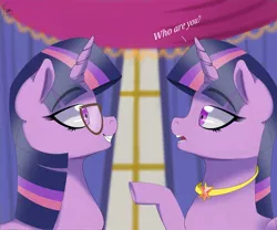 Size: 1800x1500 | Tagged: safe, artist:kafiyan, derpibooru import, sci-twi, twilight sparkle, twilight sparkle (alicorn), alicorn, pony, unicorn, equestria girls, equestria girls series, couple, dialogue, duo, female, glasses, indoors, looking at each other, mare, twolight, unicorn sci-twi