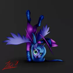 Size: 3000x3000 | Tagged: suggestive, artist:zoarvek, derpibooru import, mare do well, princess luna, alicorn, pony, ass, atg 2018, clothes, dark background, female, handstand, hat, latex, looking at you, newbie artist training grounds, plot, s1 luna, signature, simple background, solo, spread wings, tight clothing, upside down, wings