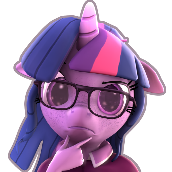 Size: 1962x1962 | Tagged: safe, artist:imafutureguitarhero, derpibooru import, sci-twi, twilight sparkle, anthro, unicorn, 3d, alternate hairstyle, alternate mane style, bust, clothes, contemplating, digital art, emoji, female, floppy ears, freckles, glasses, hand on chin, horn, looking at you, mare, meme, nose wrinkle, outline, raised eyebrow, shirt, simple background, solo, source filmmaker, square, thinking, thinking emoji, transparent background, unicorn sci-twi