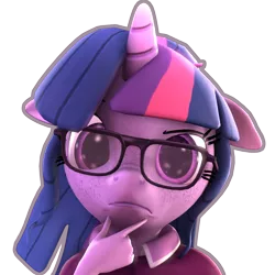 Size: 1962x1962 | Tagged: safe, artist:imafutureguitarhero, derpibooru import, sci-twi, twilight sparkle, anthro, unicorn, 3d, alternate hairstyle, alternate mane style, bust, clothes, contemplating, digital art, emoji, female, floppy ears, freckles, glasses, hand on chin, horn, looking at you, mare, meme, nose wrinkle, outline, raised eyebrow, shirt, simple background, solo, source filmmaker, square, thinking, thinking emoji, transparent background, unicorn sci-twi