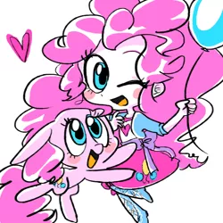 Size: 800x800 | Tagged: safe, artist:yang0, derpibooru import, pinkie pie, human, pony, equestria girls, balloon, clothes, cute, diapinkes, female, heart, human ponidox, looking at you, moe, one eye closed, ponk, self ponidox, shirt, simple background, skirt, square crossover, white background, wink