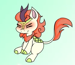 Size: 651x565 | Tagged: angry, artist:pencil bolt, autumn blaze, awwtumn blaze, blue background, cloven hooves, cute, derpibooru import, eyes closed, female, grumpy, kirin, madorable, red face, safe, simple background, sounds of silence