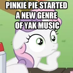 Size: 500x500 | Tagged: safe, derpibooru import, edit, edited screencap, screencap, sweetie belle, pony, unicorn, ponyville confidential, yakity-sax, spoiler:s08, cropped, exploitable meme, female, filly, floppy ears, image macro, implied pinkie pie, meme, solo, sudden clarity sweetie belle