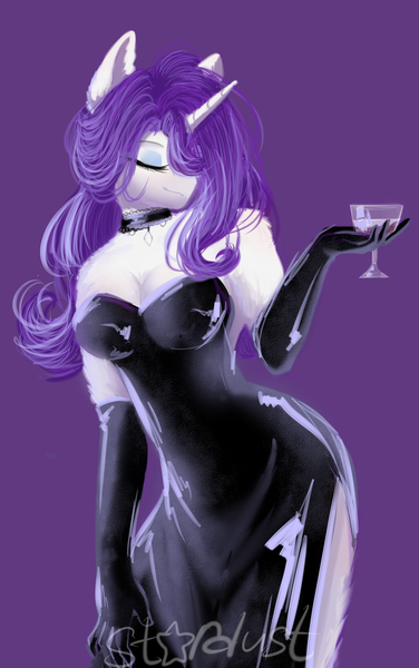 Size: 1024x1636 | Tagged: anthro, artist:thenightdarksecret, bare shoulders, beautiful, black dress, breasts, busty rarity, classy, cleavage, clothes, derpibooru import, digital art, dress, elegant, evening dress, evening gloves, eyelashes, eyes closed, female, fluffy, glass, gloves, hair over one eye, jewelry, long dress, long gloves, necklace, open clothes, purple background, rarity, safe, sideboob, side slit, signature, simple background, solo