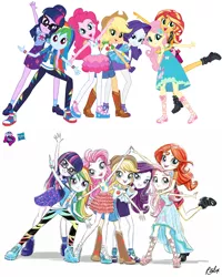 Size: 1080x1350 | Tagged: safe, artist:ritalux, derpibooru import, edit, official, applejack, fluttershy, pinkie pie, rainbow dash, rarity, sci-twi, sunset shimmer, twilight sparkle, equestria girls, equestria girls series, clothes, comparison, converse, cowboy hat, cute, dress, equestria girls prototype, feet, freckles, geode of empathy, geode of fauna, geode of shielding, geode of sugar bombs, geode of super speed, geode of super strength, geode of telekinesis, glasses, hasbro logo, hat, humane five, humane seven, humane six, lidded eyes, looking at you, magical geodes, official art, open mouth, pants, pantyhose, pose, promotional art, sandals, shoes, simple background, smiling, sneakers, stetson, white background