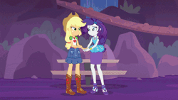 Size: 800x450 | Tagged: safe, derpibooru import, screencap, applejack, rarity, equestria girls, equestria girls series, rollercoaster of friendship, animated, best friends, blushing, clothes, cute, duo, female, gem, geode of shielding, geode of super strength, hug, jacket, jewelry, just friends, park, reunited, shipping fuel