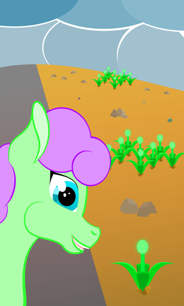 Size: 1800x3000 | Tagged: safe, artist:alltimemine, derpibooru import, oc, oc:forest brook, unofficial characters only, earth pony, pony, cloud, cloudy, female, inkscape, mare, open mouth, plant, rock, smiling, solo, teeth, vector, wasteland