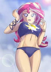 Size: 2328x3248 | Tagged: suggestive, artist:sumin6301, derpibooru import, sunset shimmer, equestria girls, equestria girls series, forgotten friendship, belly button, bikini, bikini babe, bracelet, breasts, clothes, cloud, female, jewelry, looking at you, looking down, low angle, low angle view, open mouth, sky, solo, solo female, summer sunset, sun, swimsuit