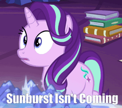Size: 786x691 | Tagged: animated, cropped, cutie mark, derpibooru import, disappointed, edit, edited screencap, floppy ears, gif, implied sunburst, looking down, meme, sad, sadlight glimmer, safe, screencap, shadow play, solo, starlight glimmer, sunburst, sunburst is coming, text