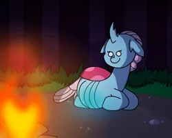 Size: 1200x960 | Tagged: artist:goodie-bag, belly, big belly, campfire, changedling, changeling, cute, derpibooru import, egg, female, fetish, fire, forest, glowing belly, grass, looking down, lying down, night, ocellus, older, paint.net, pregnant, safe, smiling, solo, stars, teenager, teen pregnancy, tree, wings