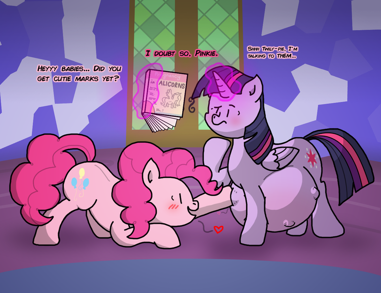 Size: 1300x1000 | Tagged: safe, artist:goodie-bag, derpibooru import, pinkie pie, twilight sparkle, twilight sparkle (alicorn), alicorn, earth pony, pony, belly, big belly, blushing, book, cute, cutie mark, dialogue, door, female, heart, kicking, lesbian, levitation, magic, magic aura, magical lesbian spawn, mama twilight, mare, multiple pregnancy, offspring, paint.net, poking, preglight sparkle, pregnant, reading, shipping, smiling, talking, telekinesis, text, twilight's castle, twinkie, wings