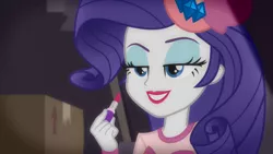 Size: 1920x1080 | Tagged: safe, artist:foxmaister, color edit, derpibooru import, edit, edited screencap, screencap, rarity, equestria girls, equestria girls series, rarity investigates: the case of the bedazzled boot, colored, detective rarity, female, lipstick, makeup, rarity investigates (eqg): trixie, sexy, smiling, solo, teasing