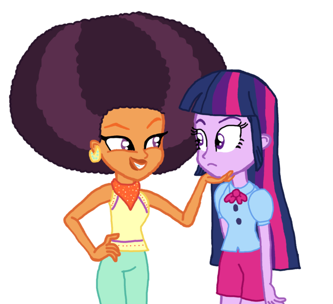 Size: 2648x2414 | Tagged: safe, artist:bigpurplemuppet99, artist:choraler, derpibooru import, saffron masala, twilight sparkle, equestria girls, afro, base used, equestria girls-ified, female, lesbian, lipstick, saffright, shipping, simple background, transparent background, twiffron