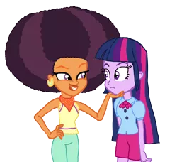 Size: 2648x2414 | Tagged: safe, artist:bigpurplemuppet99, artist:choraler, derpibooru import, saffron masala, twilight sparkle, equestria girls, afro, base used, equestria girls-ified, female, lesbian, lipstick, saffright, shipping, simple background, transparent background, twiffron