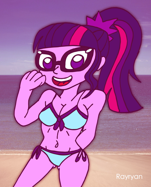 Size: 1655x2046 | Tagged: suggestive, artist:rray-xd, derpibooru import, sci-twi, twilight sparkle, equestria girls, beach, belly button, bikini, breasts, busty twilight sparkle, clothes, female, glasses, looking at you, ponytail, side-tie bikini, solo, solo female, swimsuit