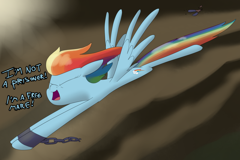 Size: 3000x2000 | Tagged: artist:moonatik, atg 2018, bad end, chains, derpibooru import, escape, flying, good end, iron maiden, my little pony: the movie, newbie artist training grounds, rainbow dash, safe, sky, solo, song reference, the prisoner