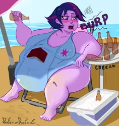 Size: 800x849 | Tagged: suggestive, artist:professordoctorc, derpibooru import, twilight sparkle, equestria girls, alcohol, bbw, beach, beer, blushing, book, breasts, burp, busty twilight sparkle, clothes, drunk, drunk twilight, fat, fat boobs, female, morbidly obese, obese, one-piece swimsuit, solo, solo female, ssbbw, swimsuit, twilard sparkle