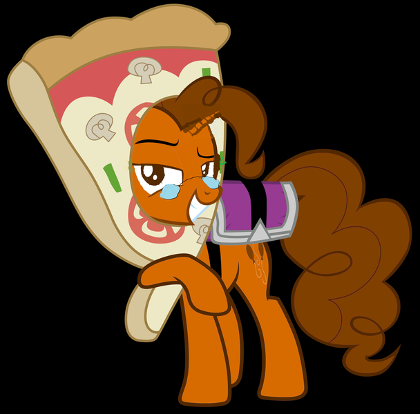 Size: 1024x1010 | Tagged: safe, artist:poundcakemlp2000, artist:tardifice, derpibooru import, oc, oc:thomasseidler, oc:thomastheautisticunicorn, unicorn, rock solid friendship, black background, cute, glasses, pizza bag, pizza head, simple background, thomas