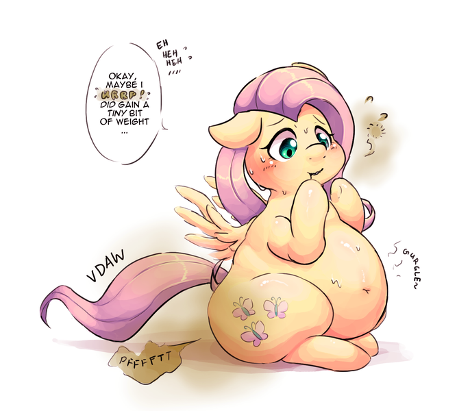 Size: 1600x1400 | Tagged: artist:verydefinitelyawolf, belly, big belly, burp, chubby, derpibooru import, embarrassed, fart, fart fetish, fart noise, fat, fattershy, fetish, fluttershy, gas, obese, onomatopoeia, questionable, slob, solo, sound effects, weight gain